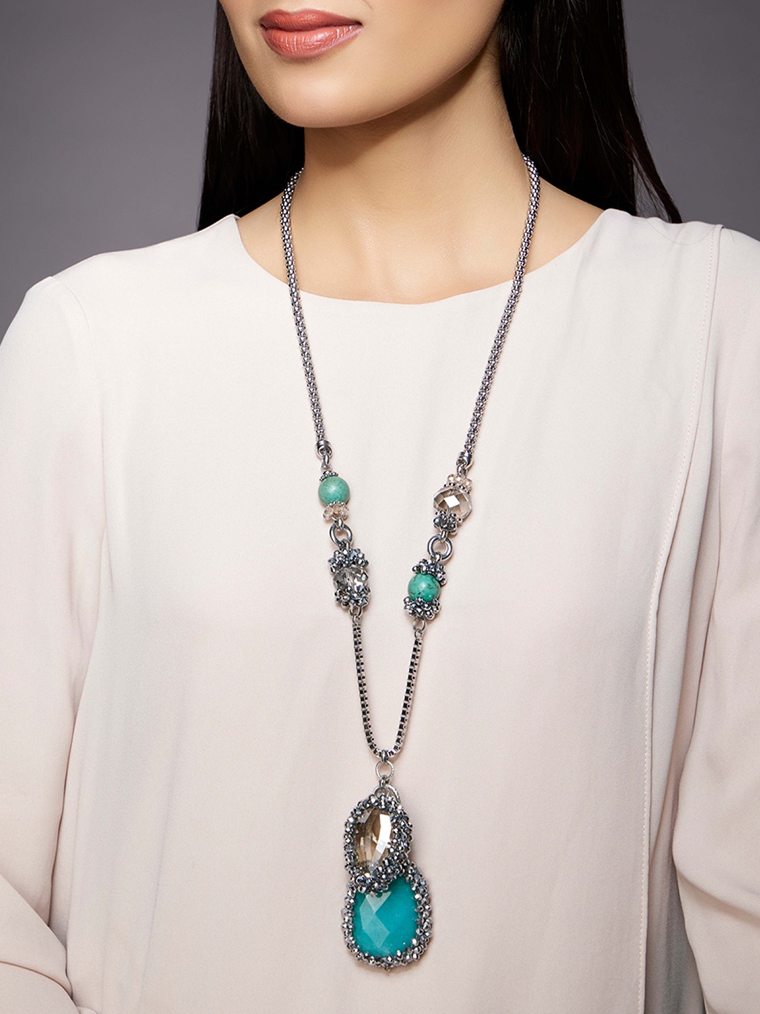 

Rhea Crystal-Studded Rhodium-Plated Necklace, Silver