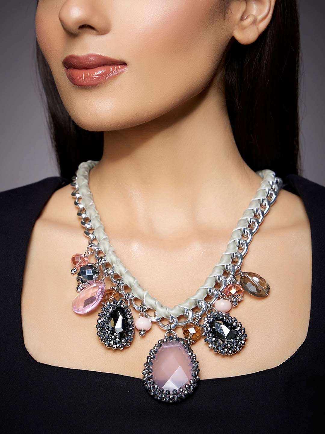 

Rhea Crystal Charms Bib Necklace, Pink