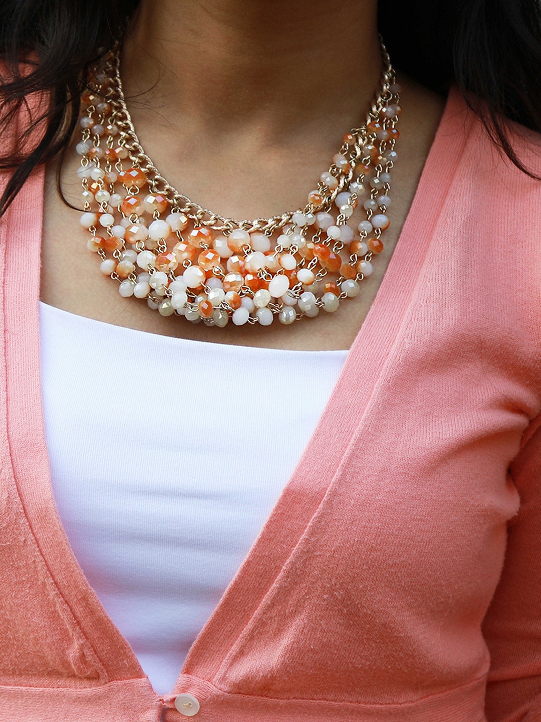 

Rhea Layered Glass Beads Champagne Necklace, Orange