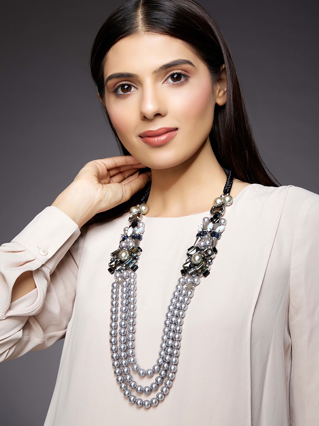 

Rhea Retro Diva Layered Long Crystal Pearl Necklace, Black