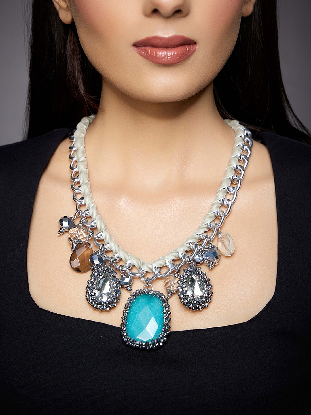 

Rhea Rhodium-Plated Crystal Charms Bib Necklace, Silver