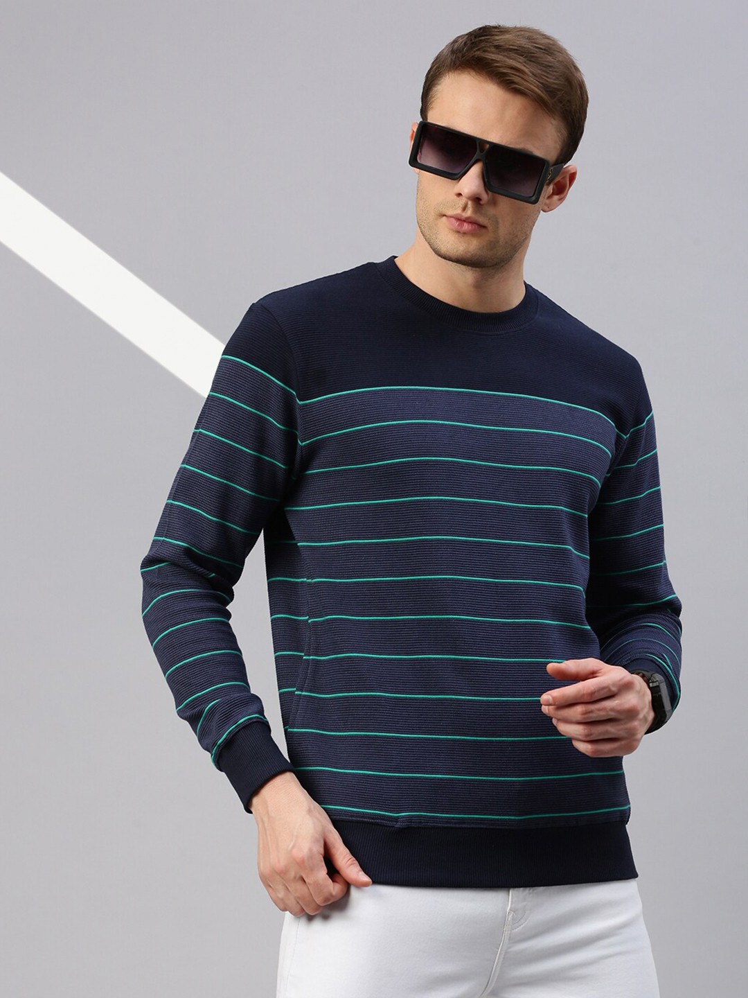 

KOFFY Striped Ribbed Cotton Pullover Sweatshirt, Navy blue