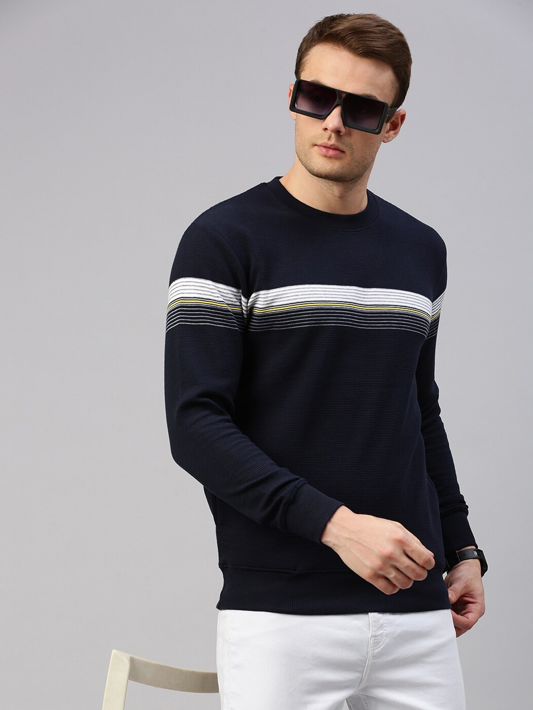 

KOFFY Striped Ribbed Cotton Pullover Sweatshirt, Navy blue