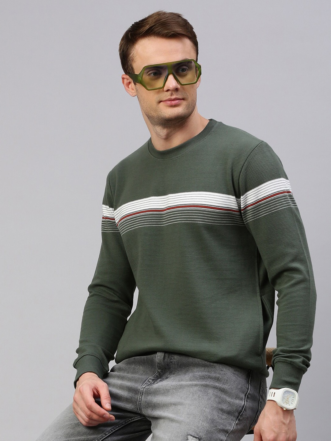 

KOFFY Striped Ribbed Cotton Pullover Sweatshirt, White