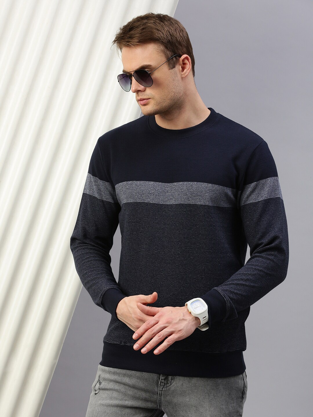 

KOFFY Striped Pullover Pure Cotton Sweatshirt, Navy blue