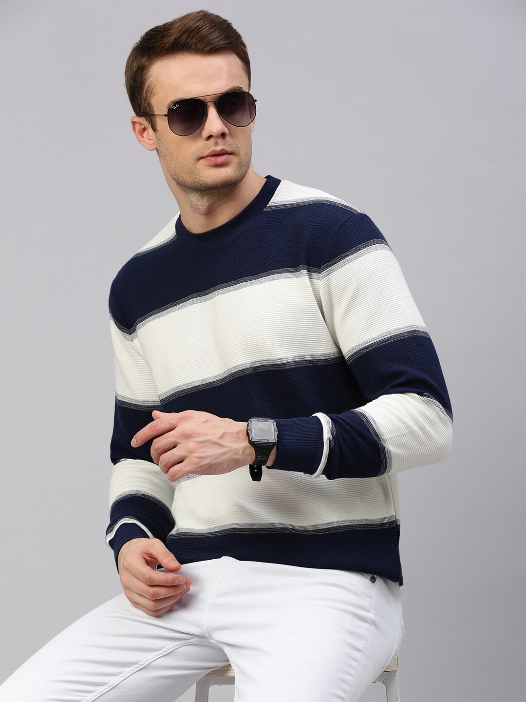 

KOFFY Striped Pullover Pure Cotton Sweatshirt, Navy blue