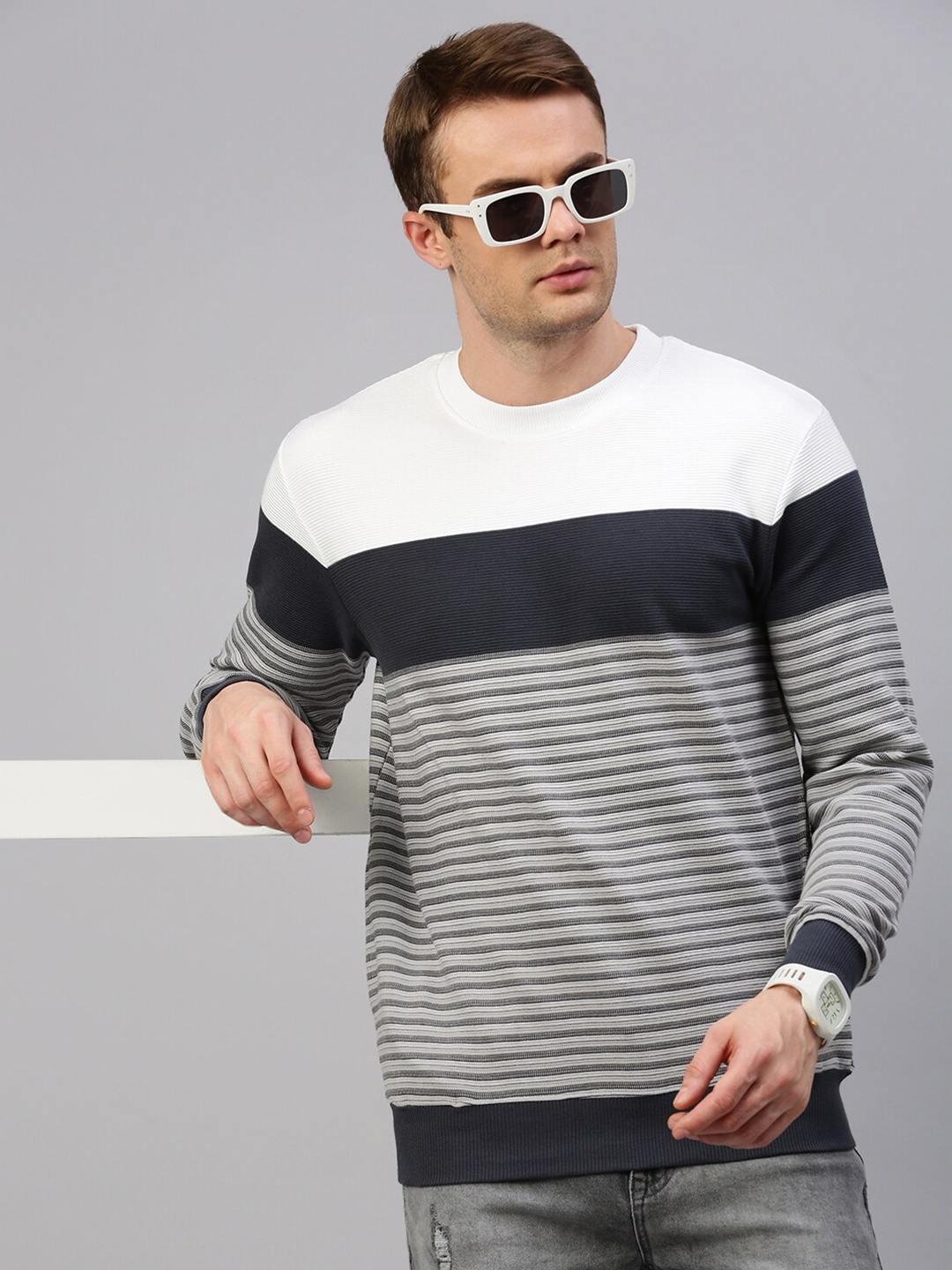 

KOFFY Striped Pullover Pure Cotton Sweatshirt, Grey