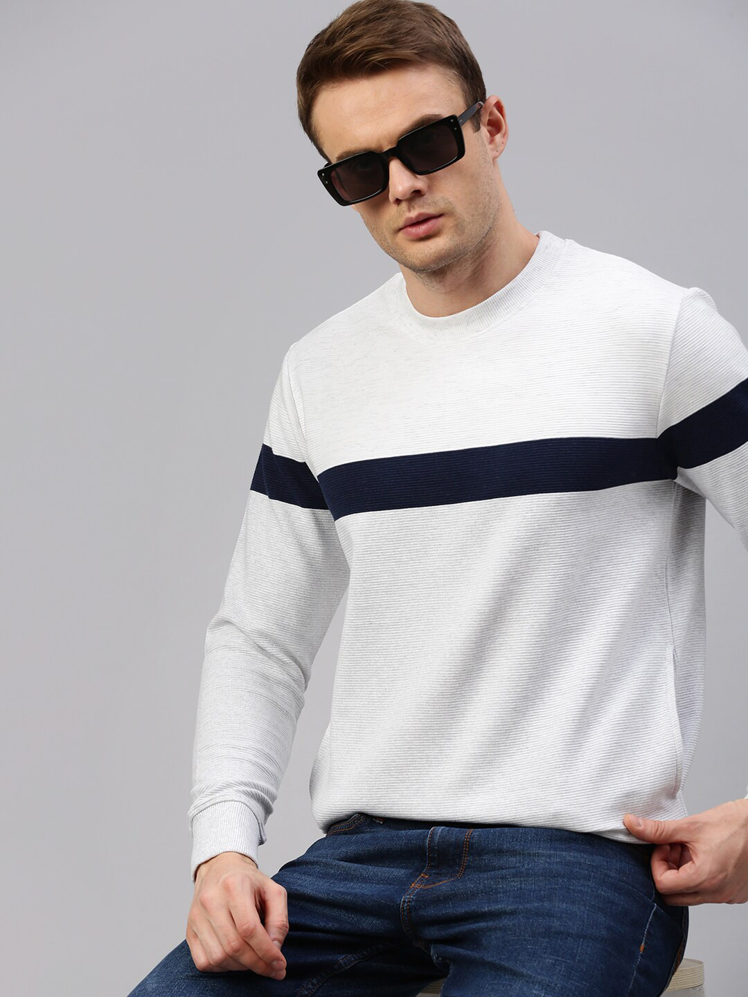 

KOFFY Striped Ribbed Cotton Pullover Sweatshirt, White