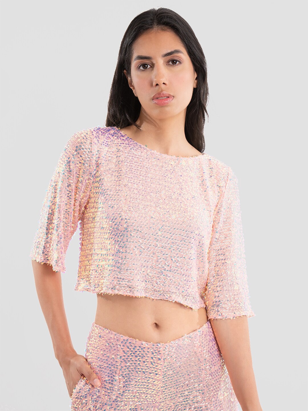 

Samshek Sequin Embellished Boat Neck Top, Peach