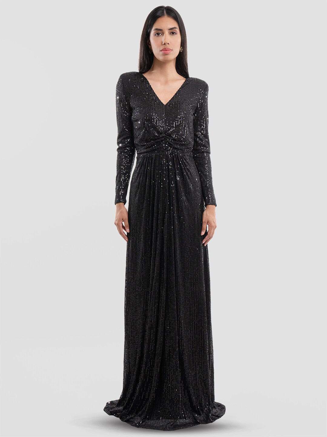 

Samshek Embellished V-Neck Gathered Detail Fit & Flare Maxi Dress, Black