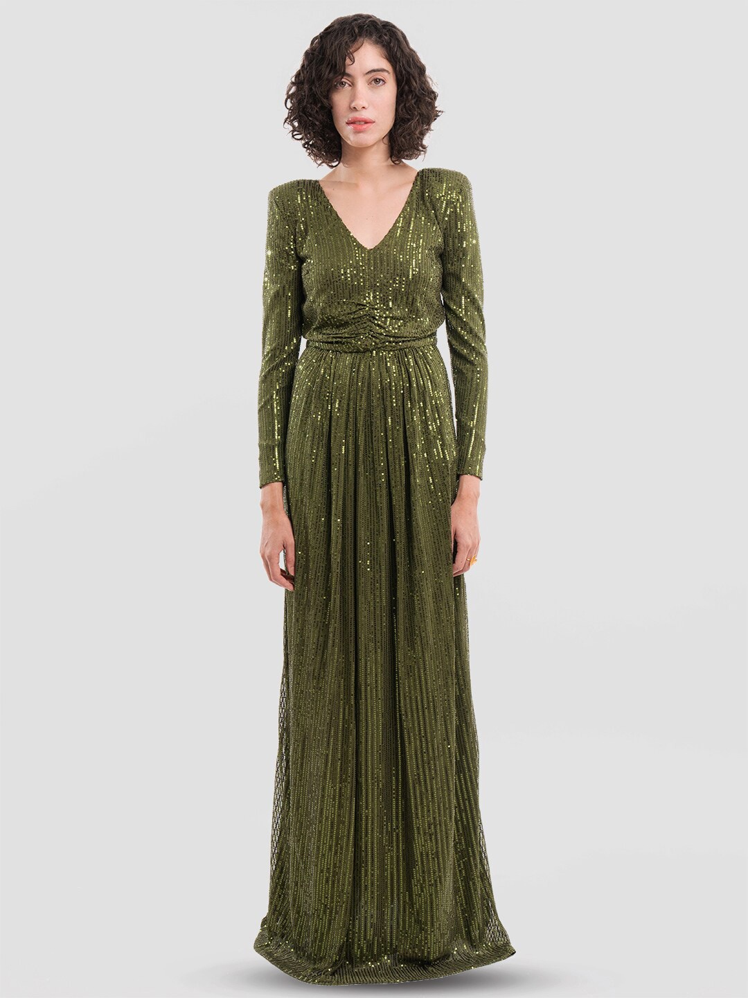 

Samshek Embellished V-Neck Gathered Detail Fit & Flare Maxi Dress, Olive