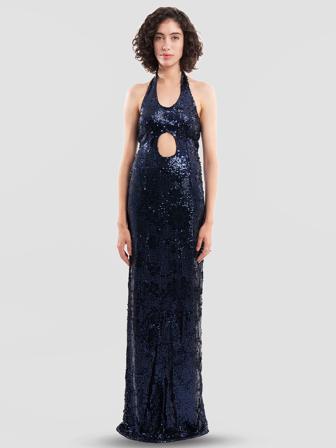 

Samshek Embellished Halter Neck Sleeveless Cut-Outs Detail Fit & Flare Maxi Dress, Blue