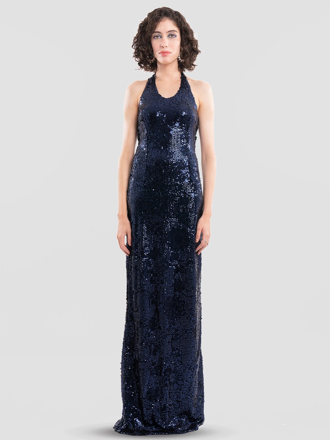 

Samshek Embellished Halter Neck Sleeveless Sequinned Fit & Flare Maxi Dress, Navy blue
