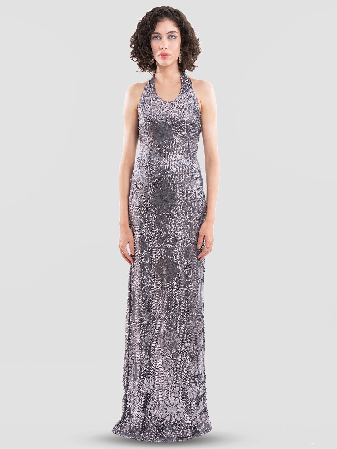 

Samshek Embellished Halter Neck Sleeveless Sequinned Fit & Flare Maxi Dress, Grey