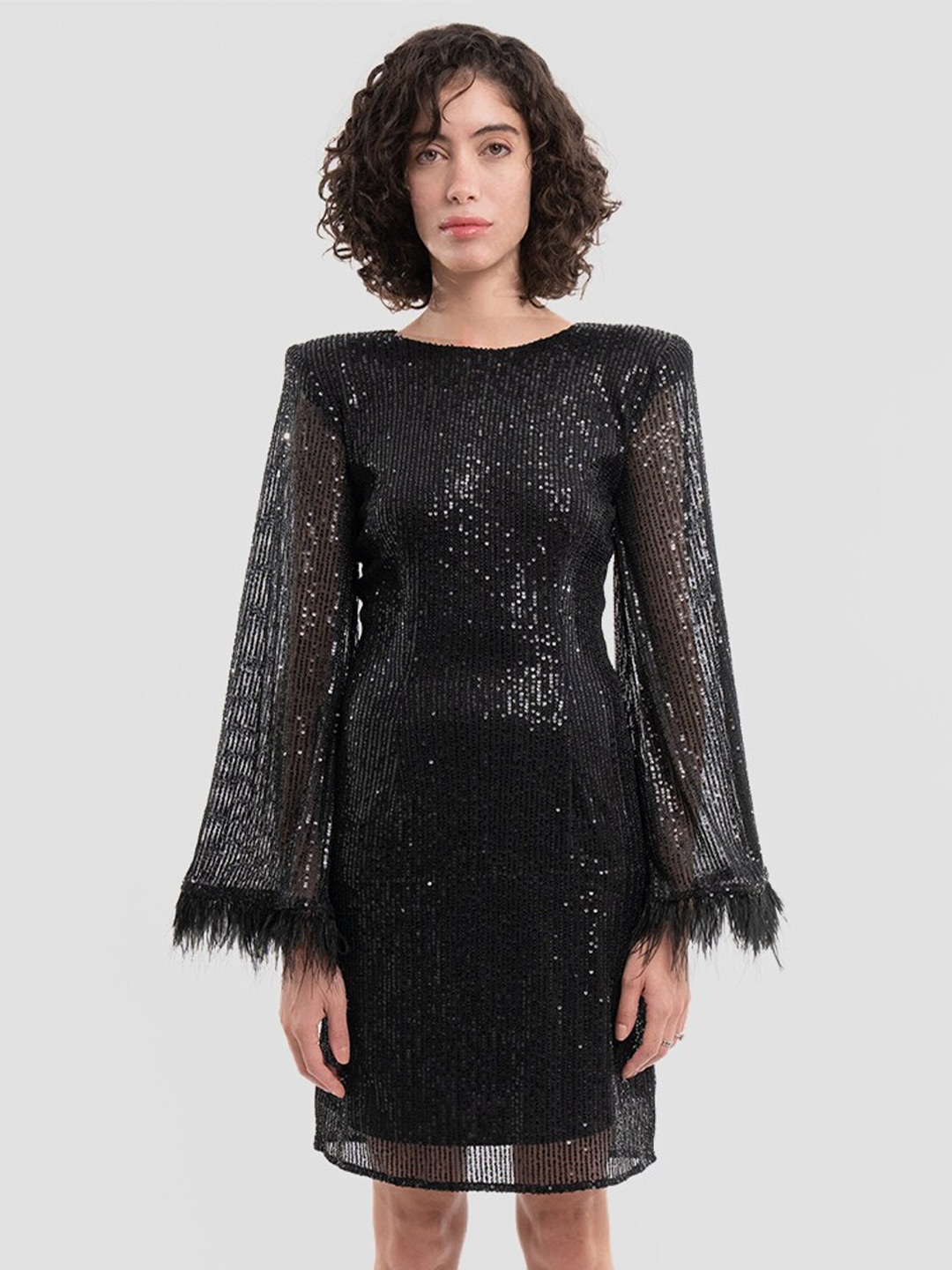 

Samshek Sequin Embellished Fringed Long Sleeves Sheath Dress, Black