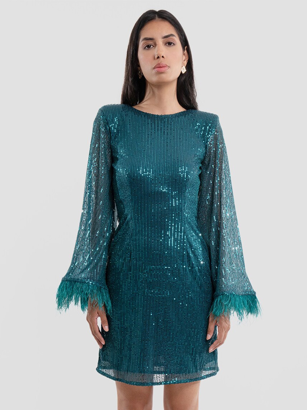

Samshek Embellished Sequinned Flared Sleeves Fit & Flare Sheath Dress, Green