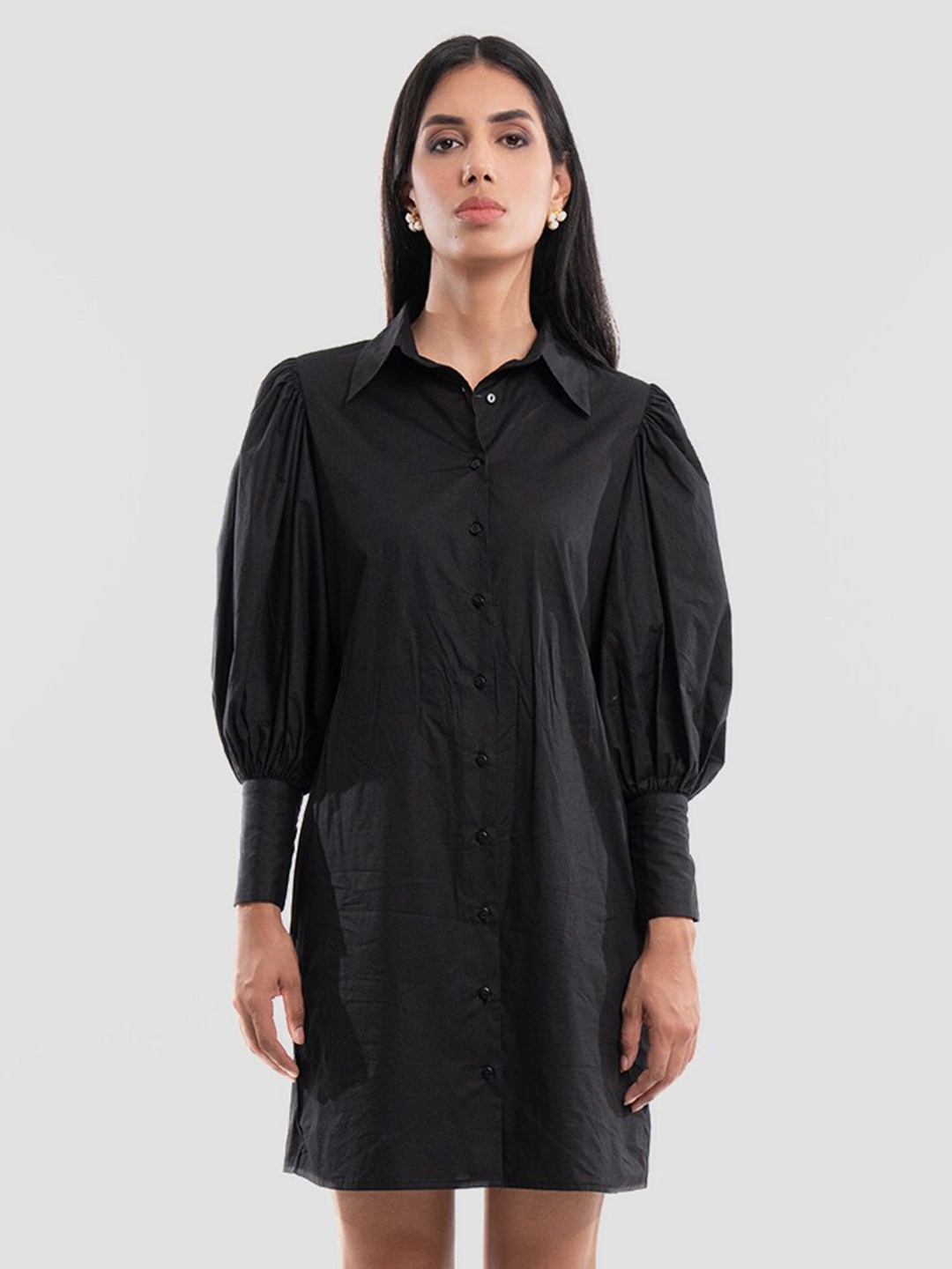 

Samshek Shirt Collar Cuffed Sleeves Cotton Mini Shirt Dress, Black