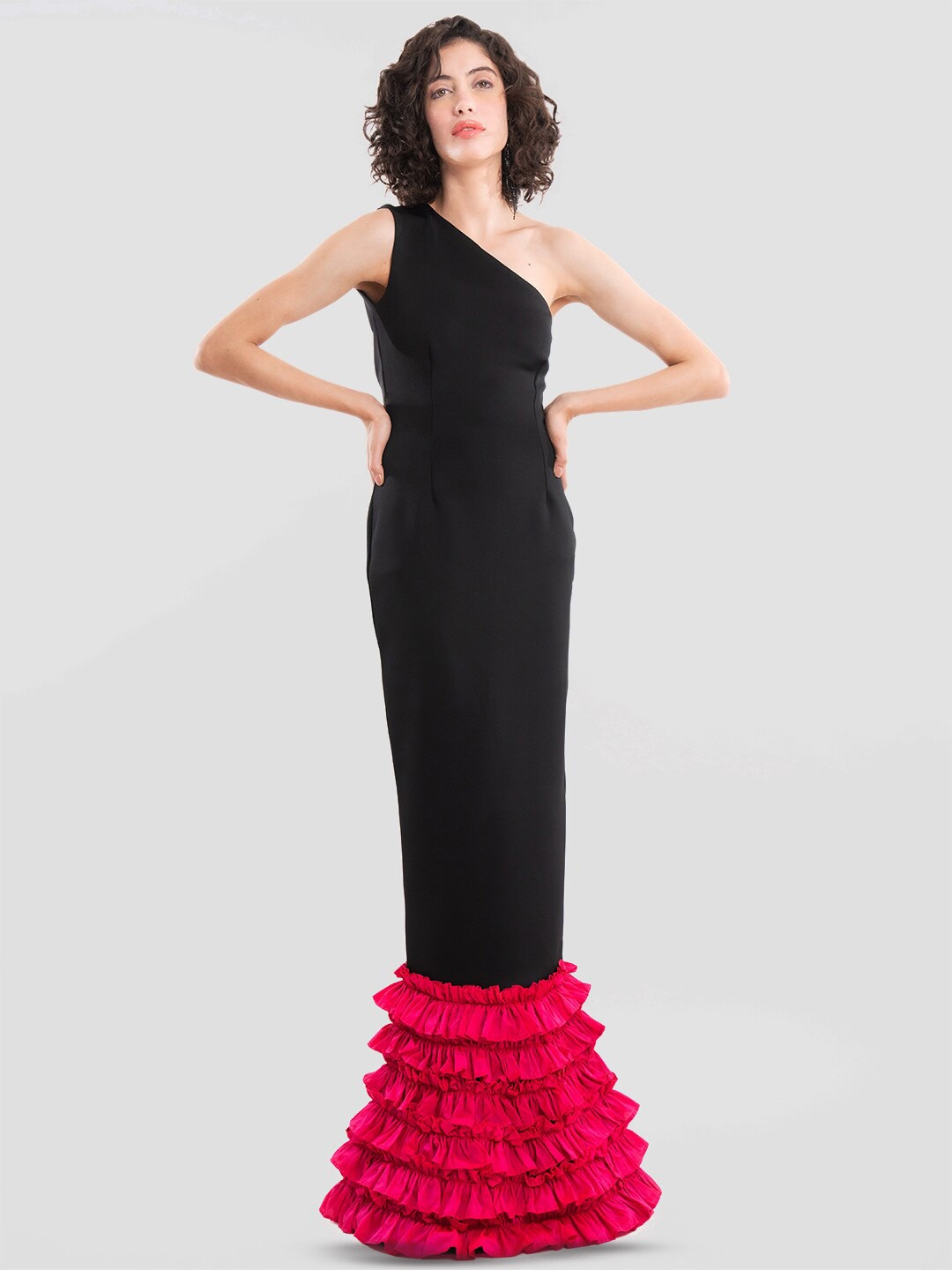 

Samshek Colourblocked One Shoulder Ruffles Maxi Dress, Black