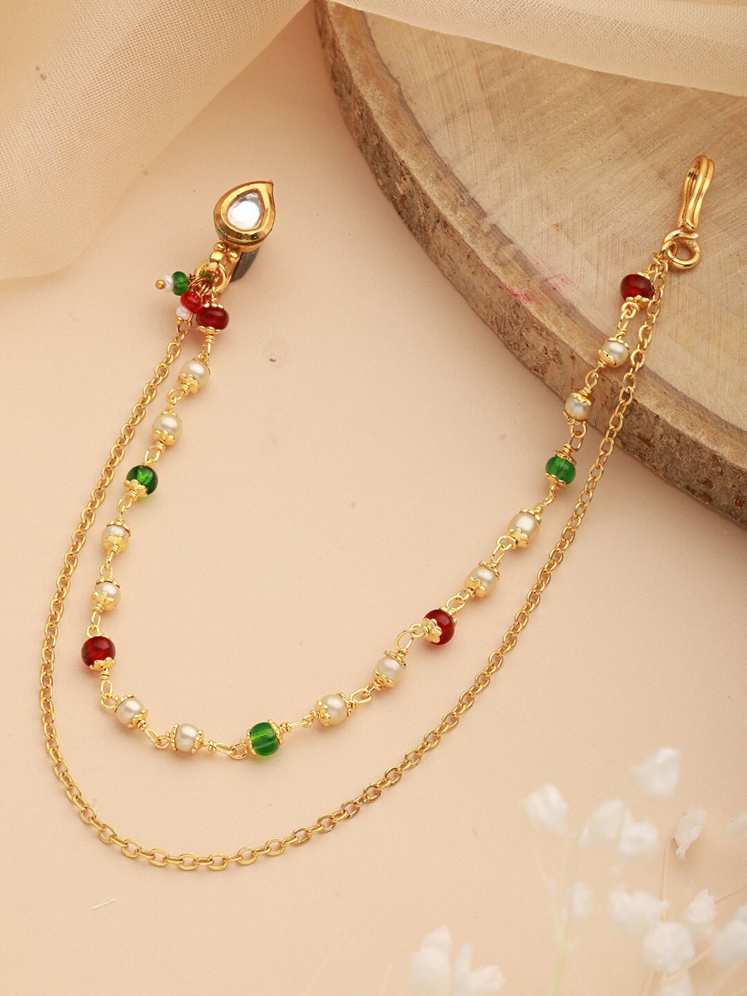 

Aadvik Designs Gold-Plated Stone-Studded and Beaded Chained Nosepin