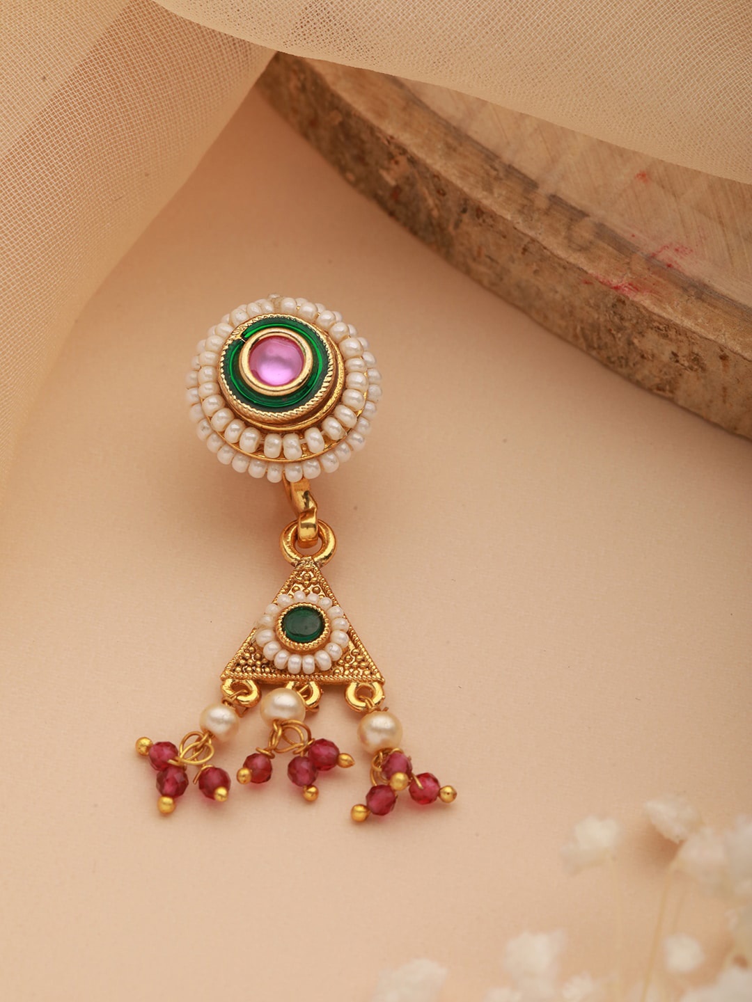 

Aadvik Designs Gold-Plated Kundan Studded & Beaded Nosepin