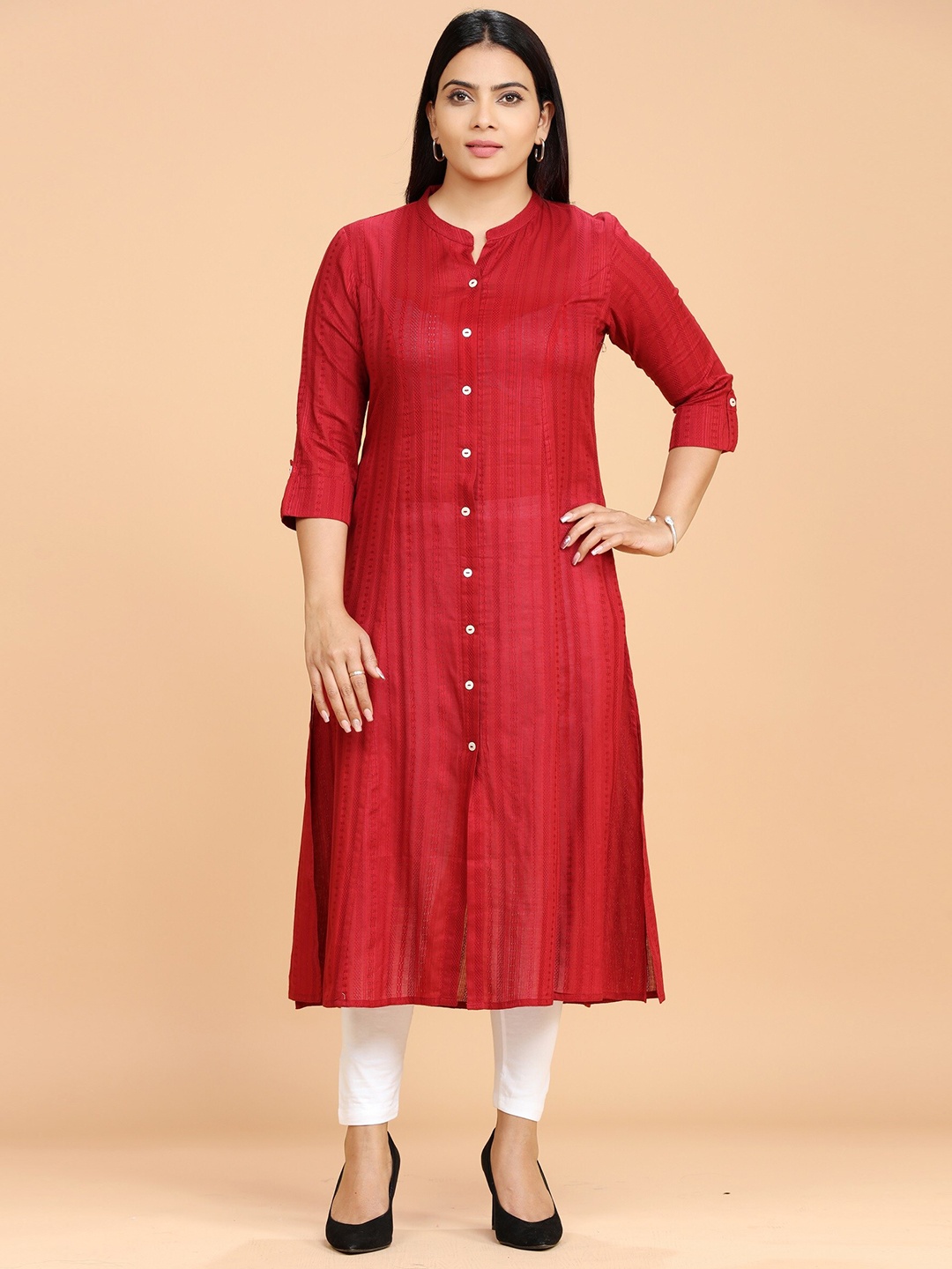 

COTTON CULTURE Mandarin Collar Cotton A-Line Kurta, Maroon
