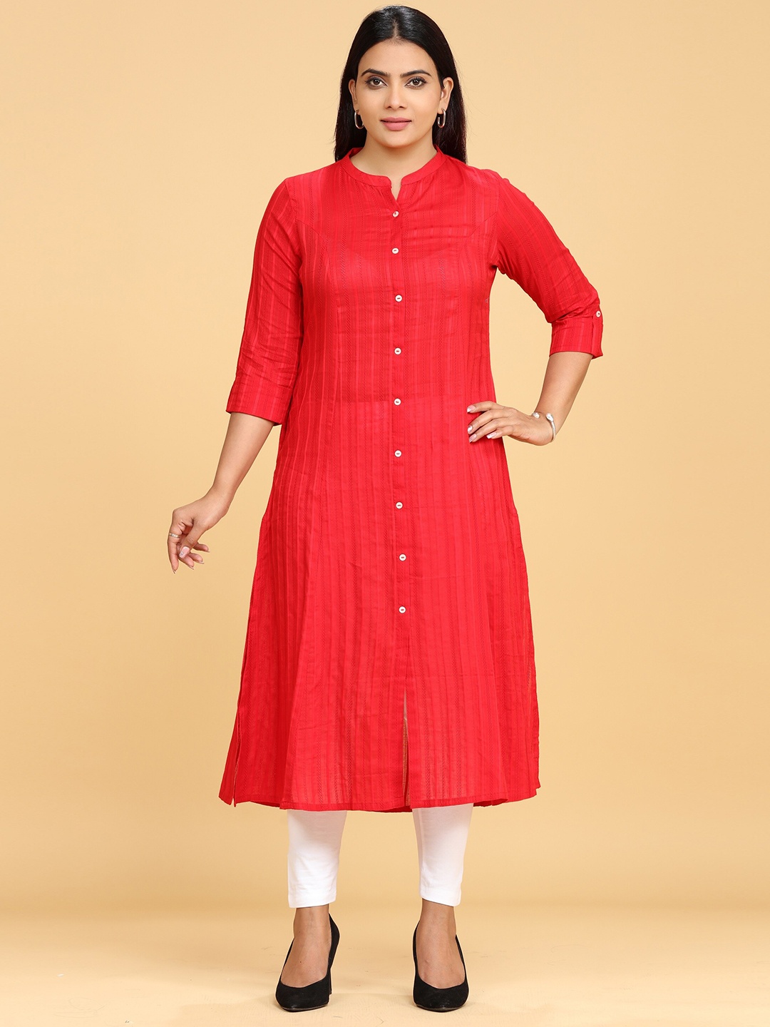 

COTTON CULTURE Striped Cotton A-Line Kurta, Red