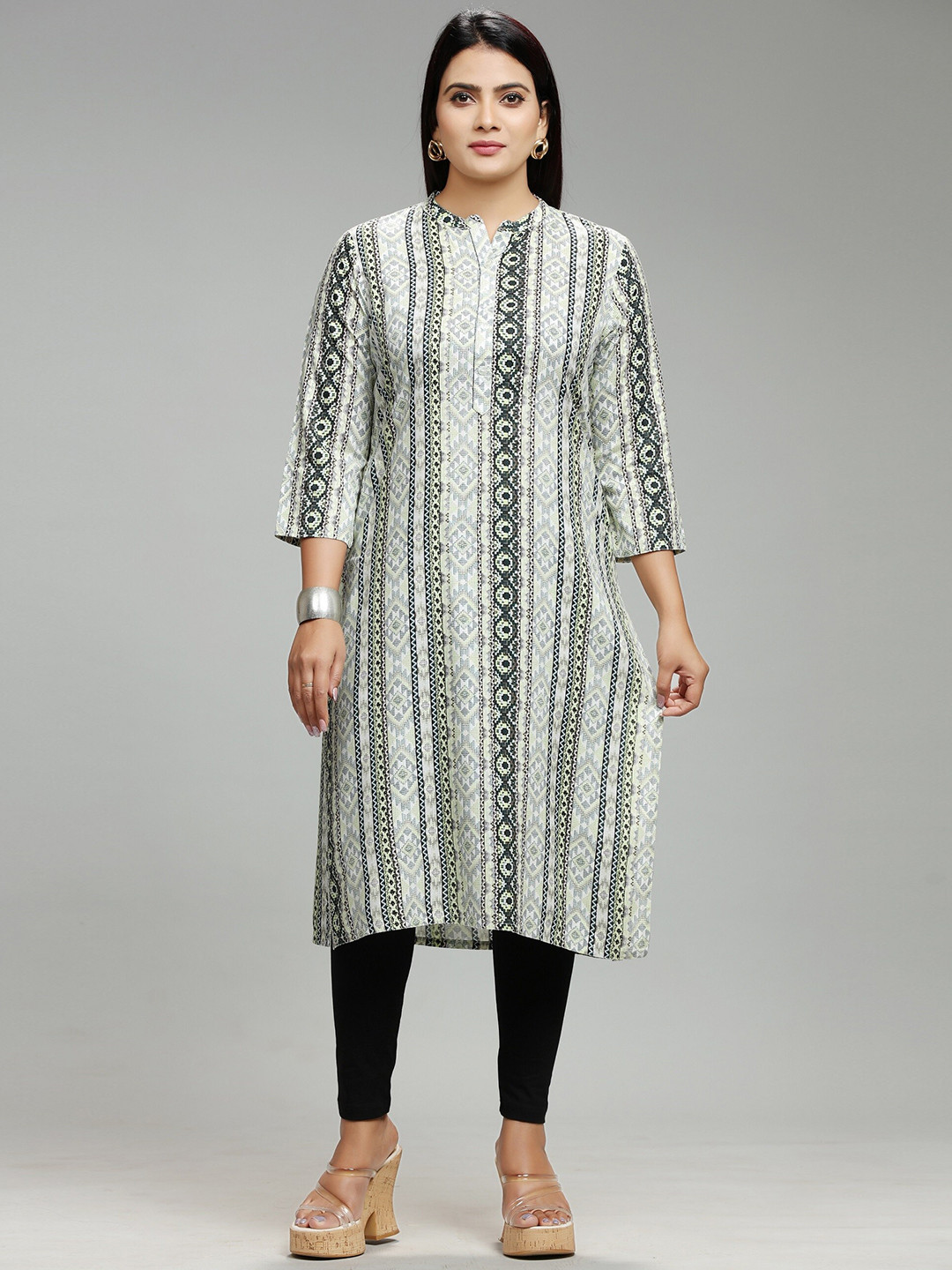 

COTTON CULTURE Striped Mandarin Collar Straight Kurta, Green