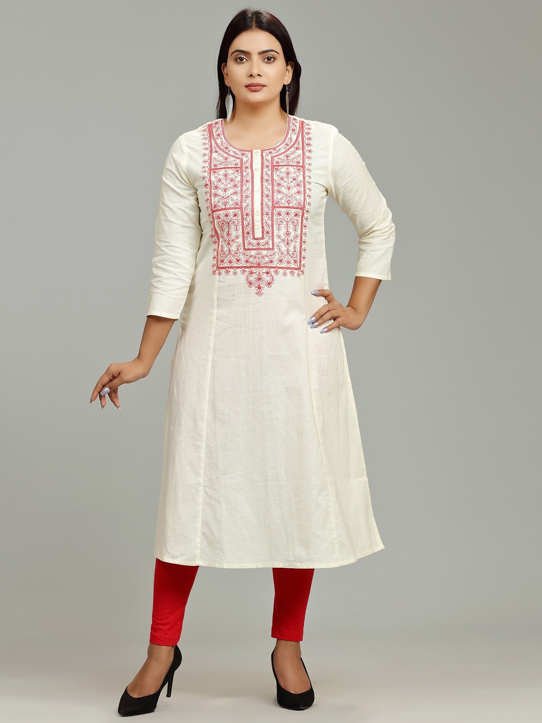 

COTTON CULTURE Floral Embroidered Cotton A-Line Kurta, Off white