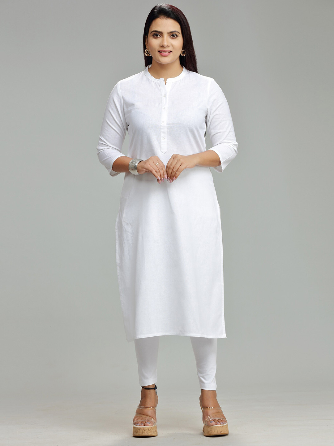 

COTTON CULTURE Mandarin Collar Straight Cotton Kurta, White