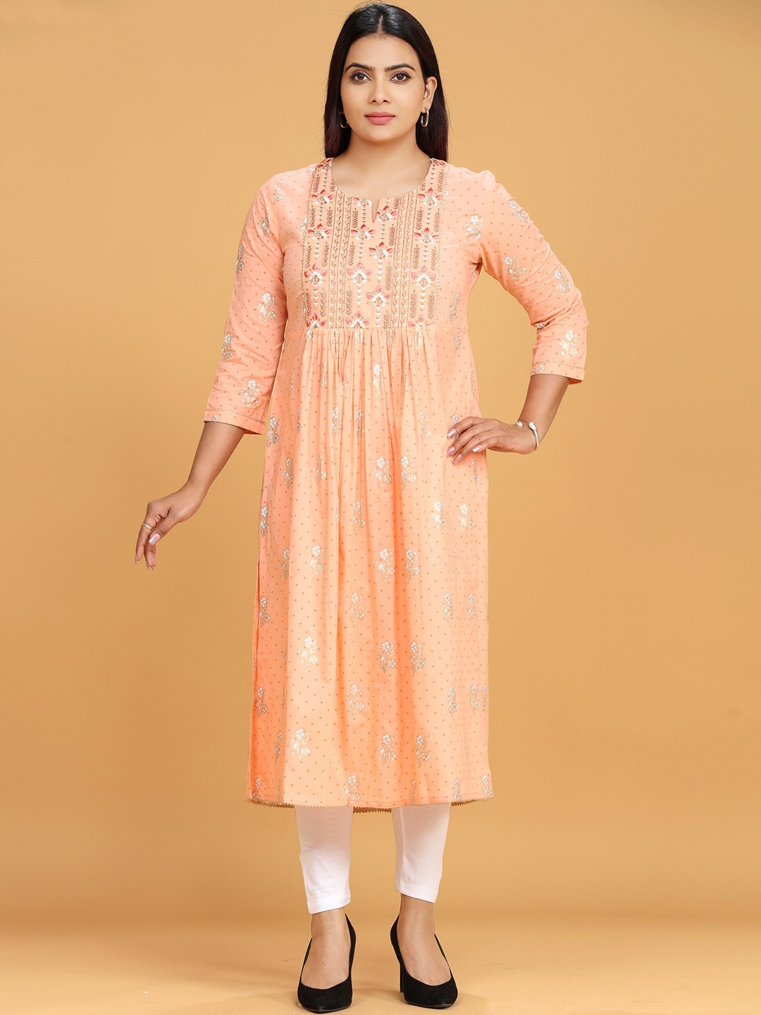 

COTTON CULTURE Floral Printed Thread Work Pure Cotton Pleated A-Line Kurta, Orange