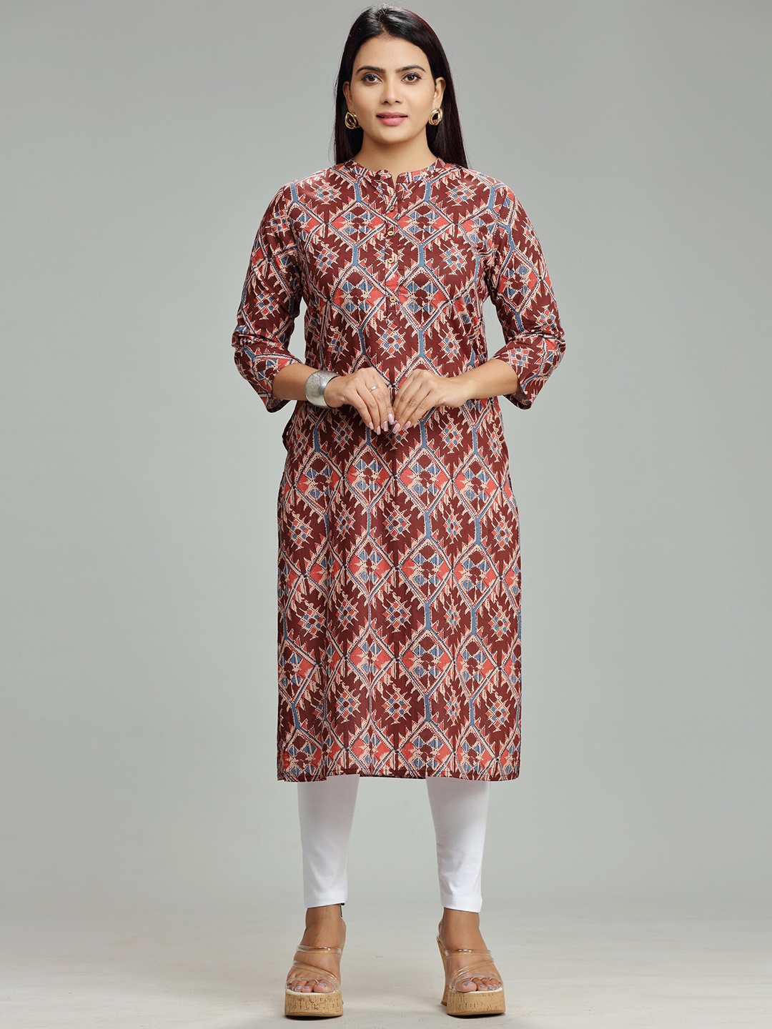 

COTTON CULTURE Geometric Printed Cotton Straight Ikat Kurta, Maroon