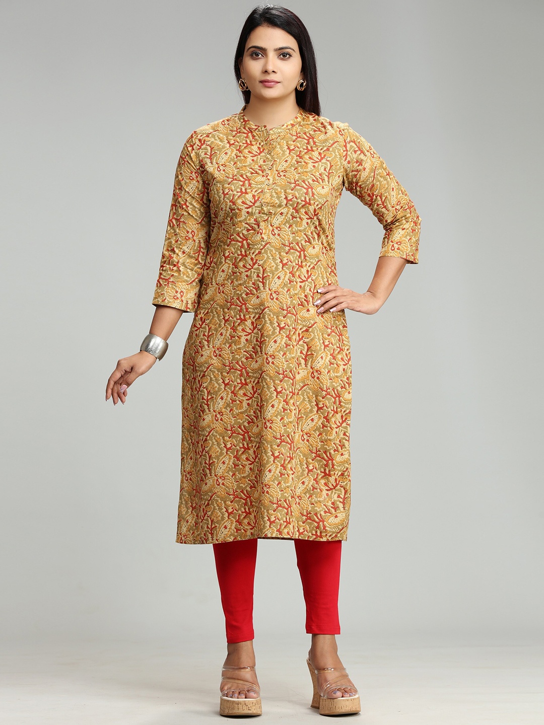 

COTTON CULTURE Ethnic Motifs Printed Cotton Straight Kurta, Beige