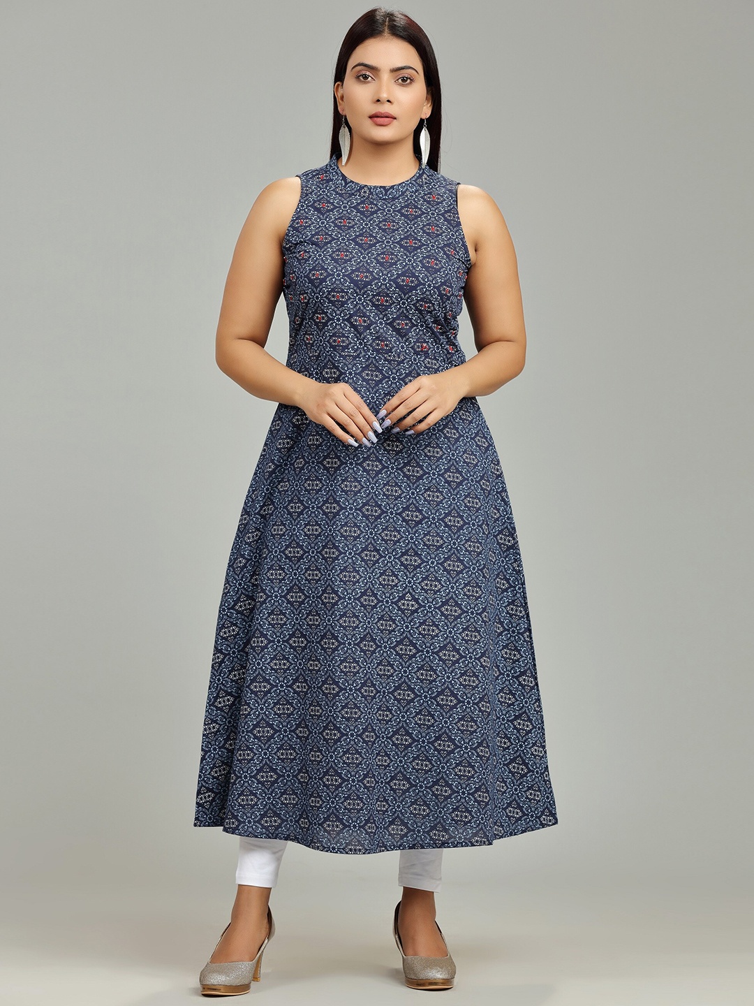 

COTTON CULTURE Ethnic Motifs Printed Cotton A-Line Kurta, Navy blue