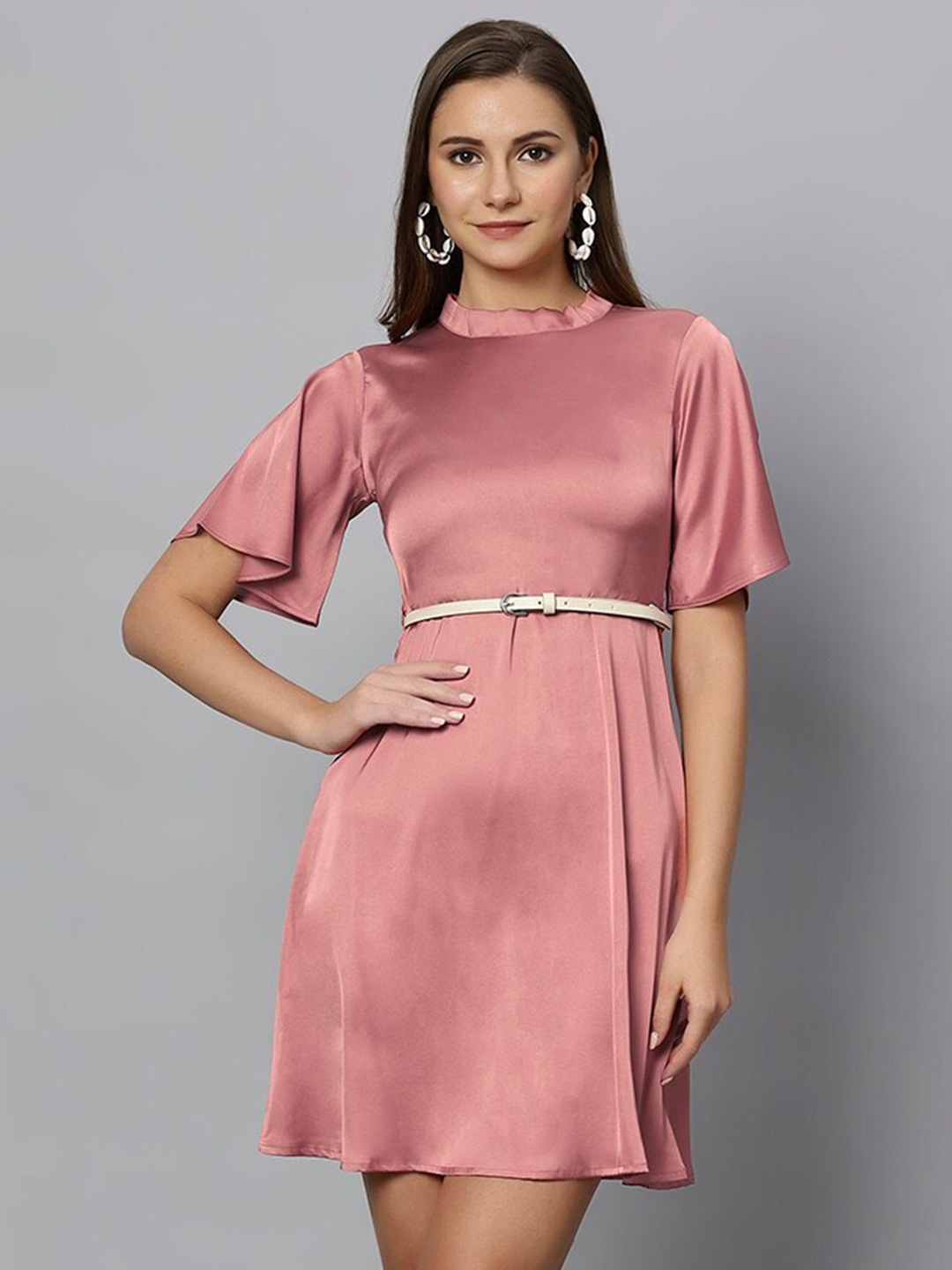 

Chemistry High Neck Flared Sleeves Belted A-Line Dress, Rose