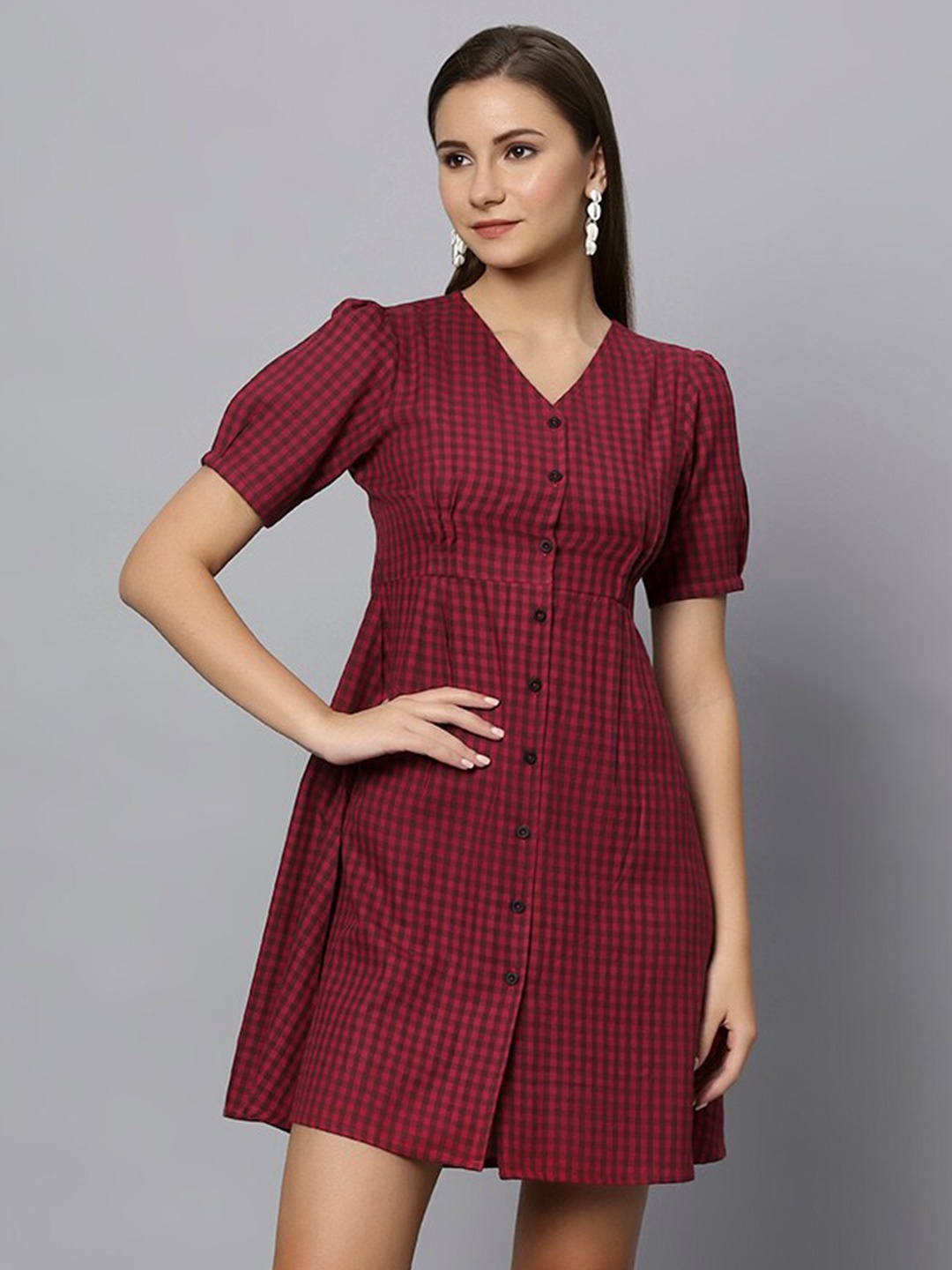 

Chemistry Checked V-Neck Puff Sleeves A-Line Dress, Red