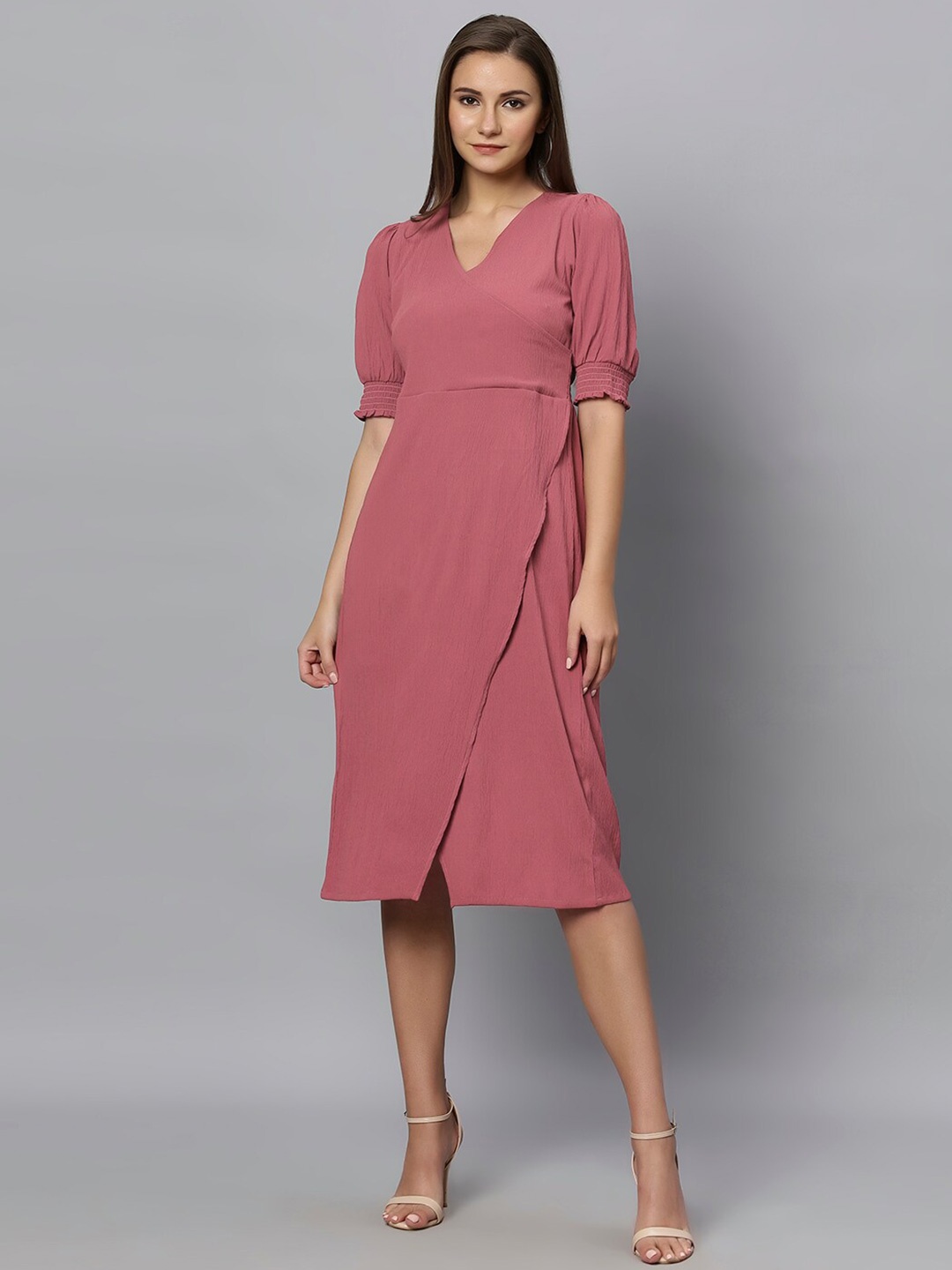 

Chemistry V-Neck Puff Sleeves Smocked Tulip A-Line Dress, Rose