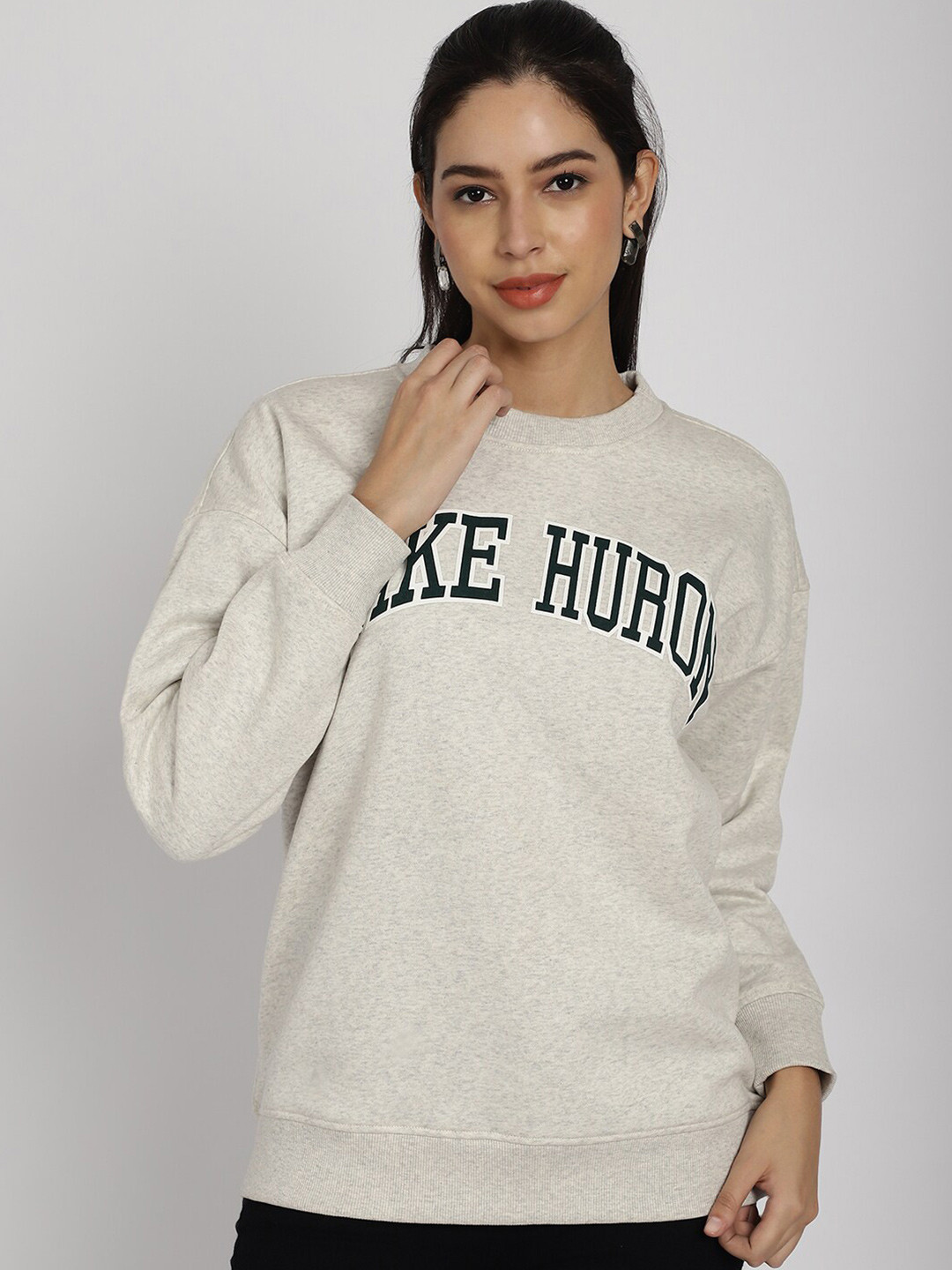 

Rute Typography Printed Round Neck Drop Shoulder Sleeves Cotton Pullover, Off white