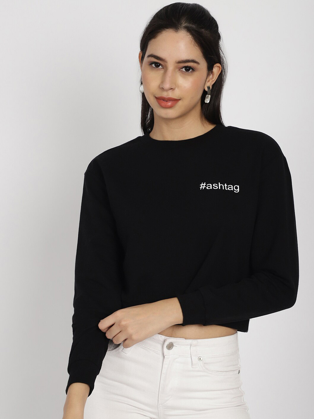 

Rute Round Neck Cotton Cropped Pullover, Black