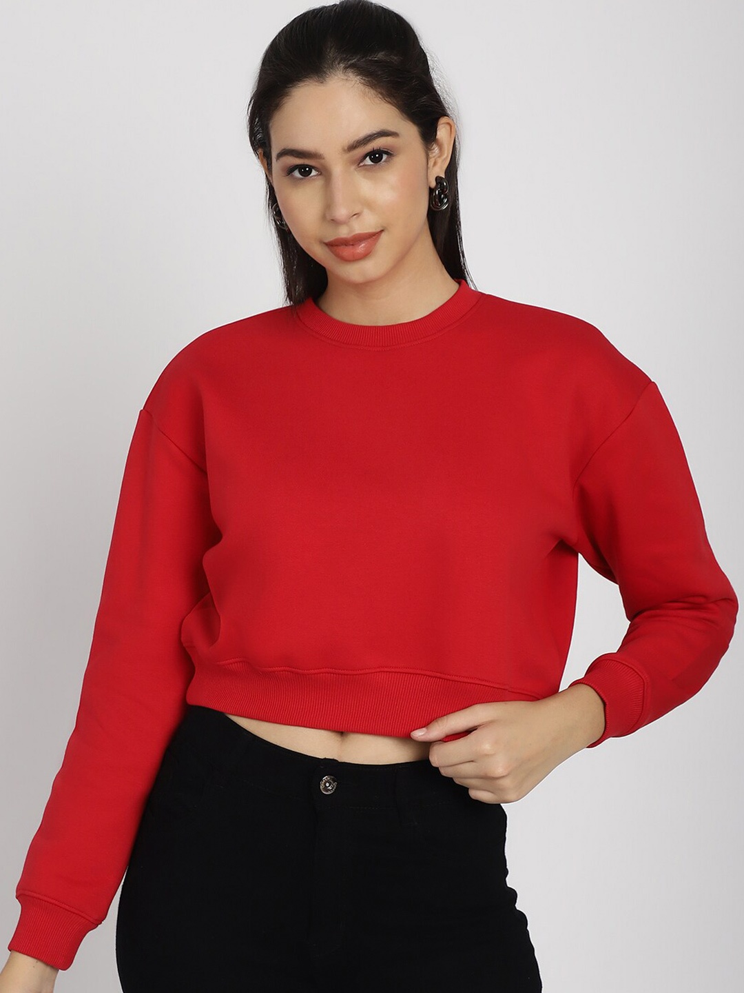 

Rute Round Neck Cotton Cropped Pullover, Red