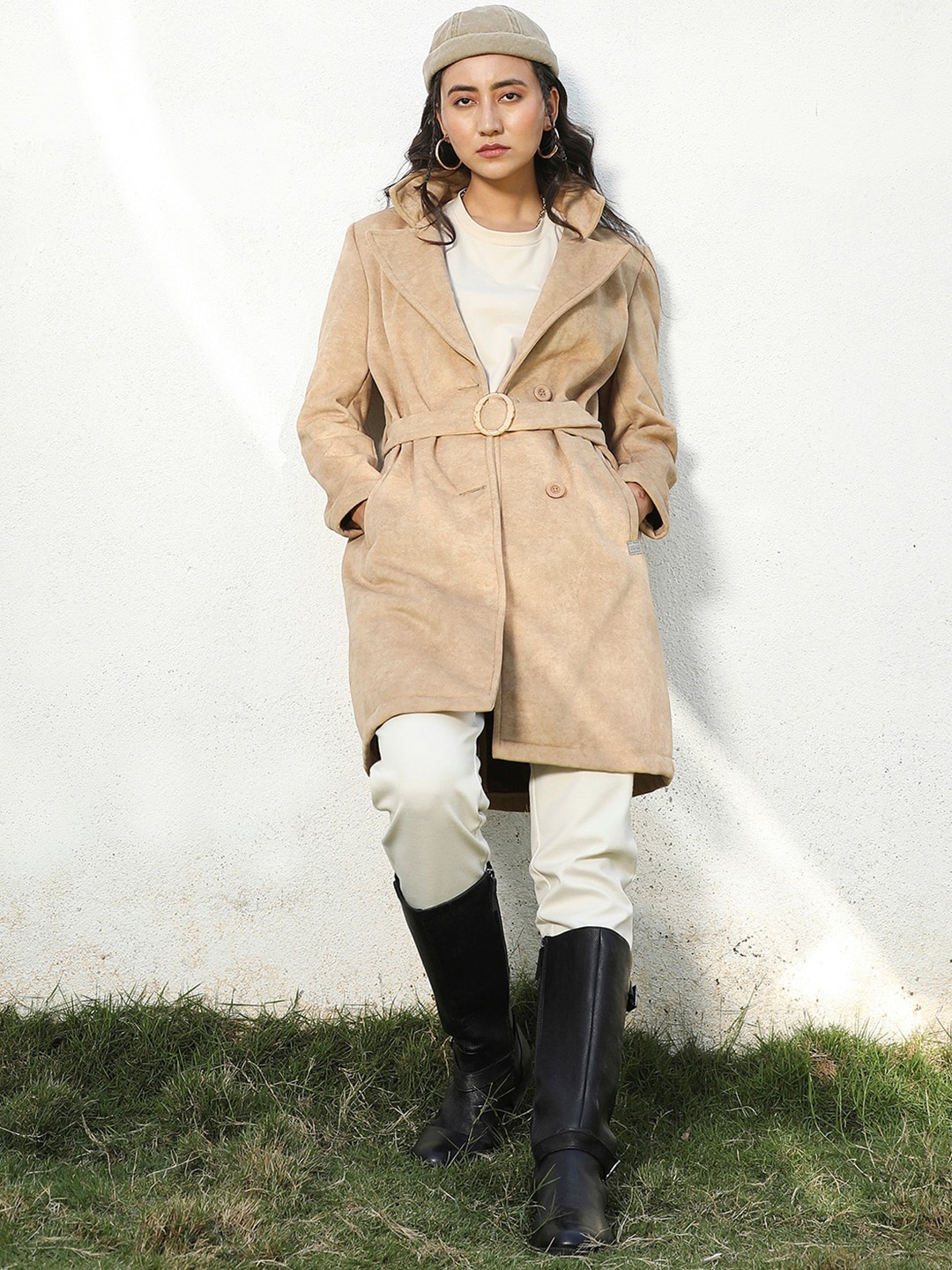 

Campus Sutra Notched Lapel Single-Breasted Overcoat, Beige