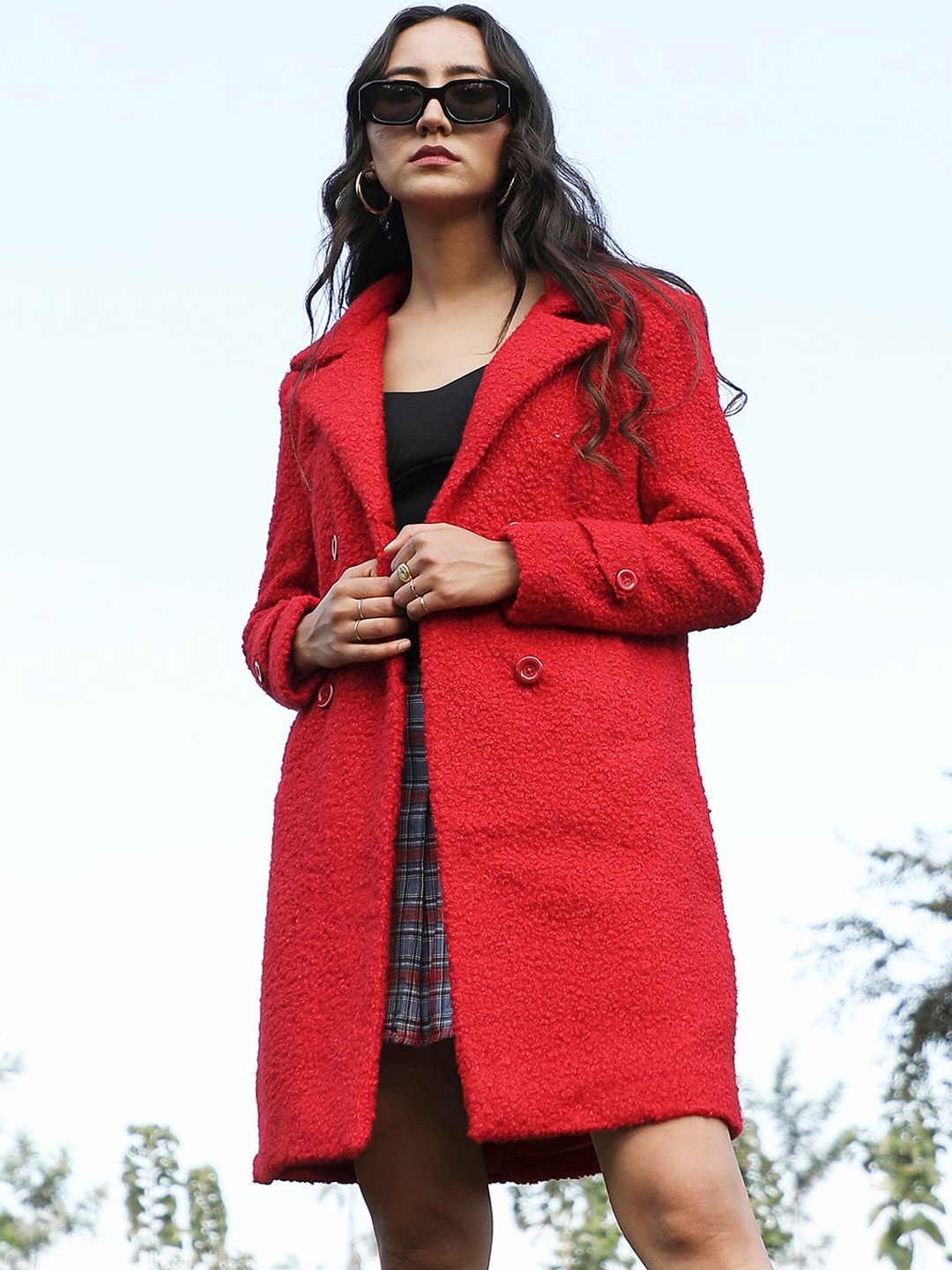 

Campus Sutra Double Breasted Notched Lapel Overcoat, Red