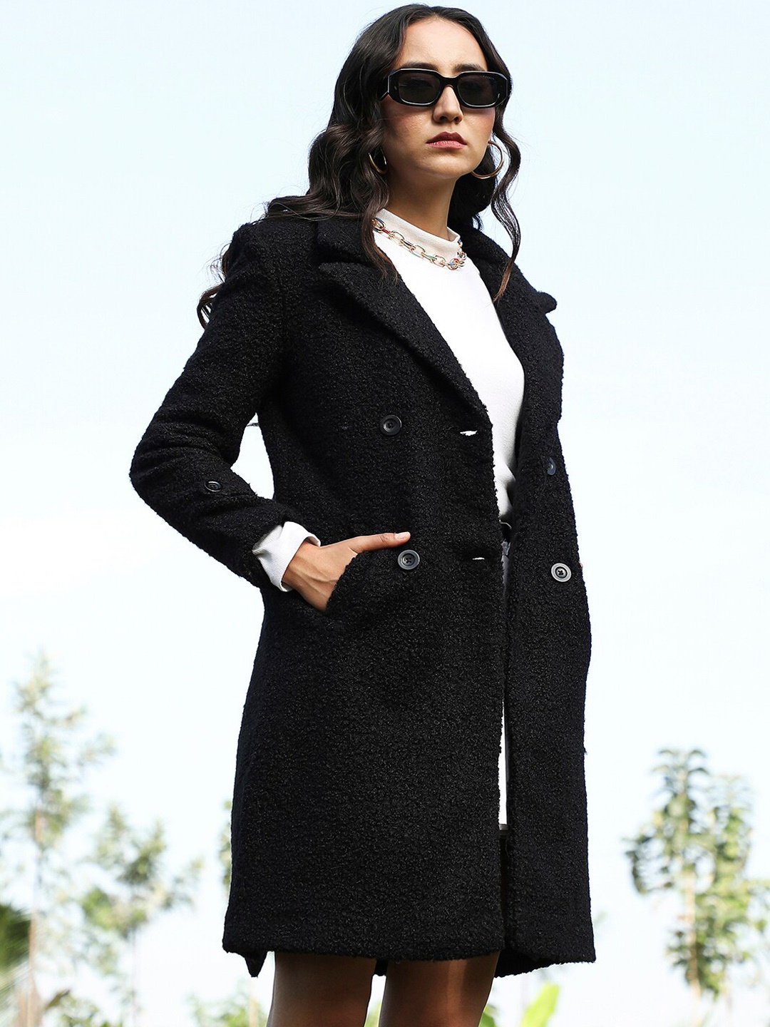 

Campus Sutra Notched Lapel Double-Breasted Sherpa Long Coat, Black