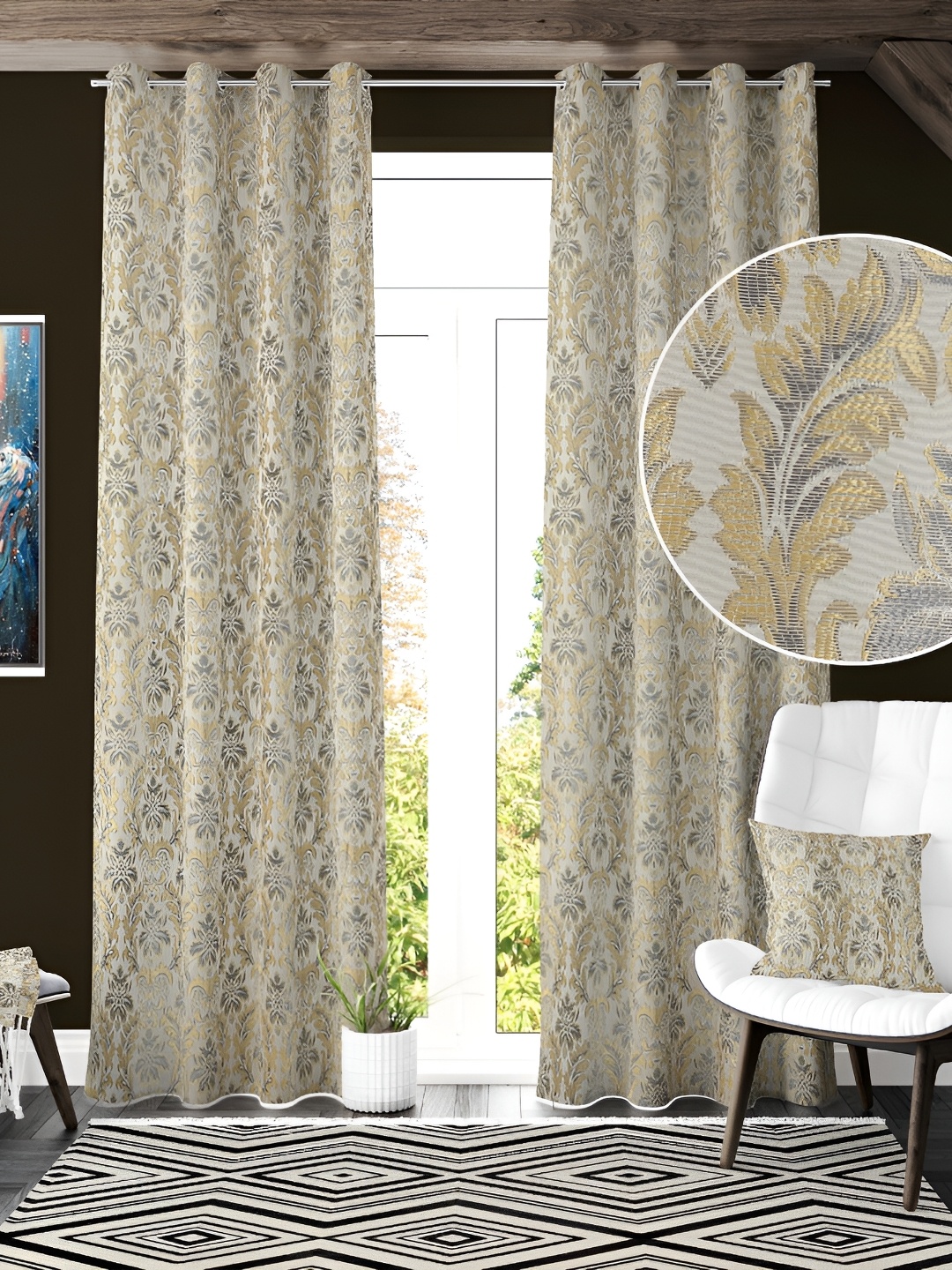 

Galaxy Home Decor Grey 2 Pieces Embellished Room Darkening Long Door Curtains, Beige