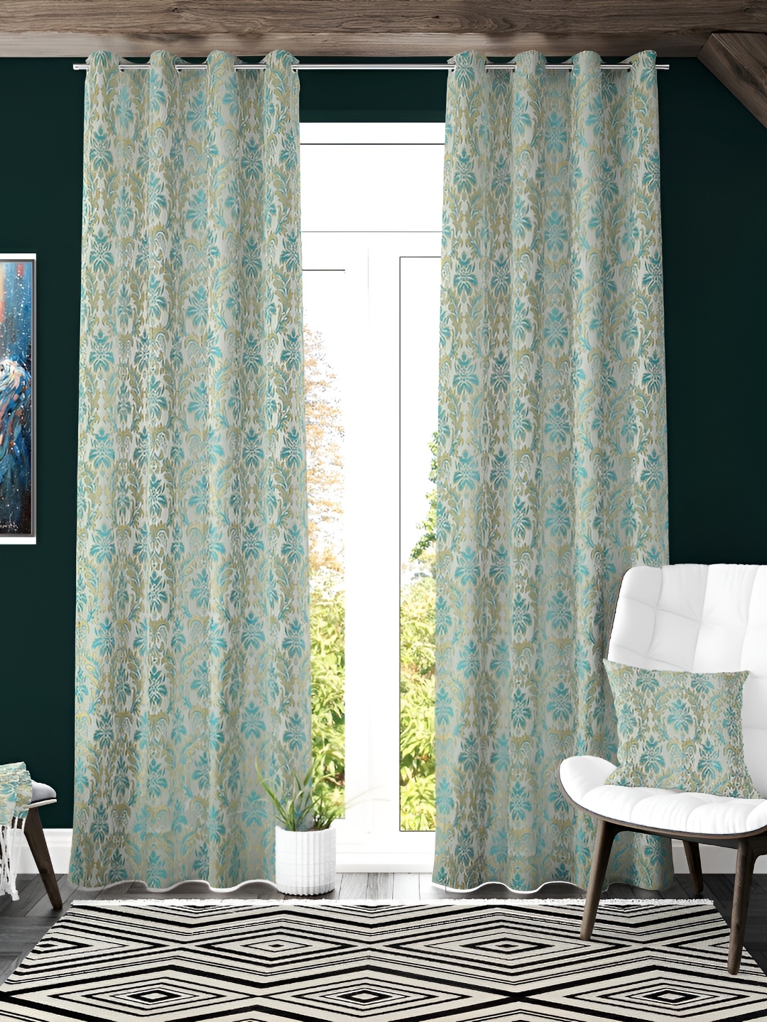 

Galaxy Home Decor Teal 2 Pieces Self Design Room Darkening Jacquard Window Curtain