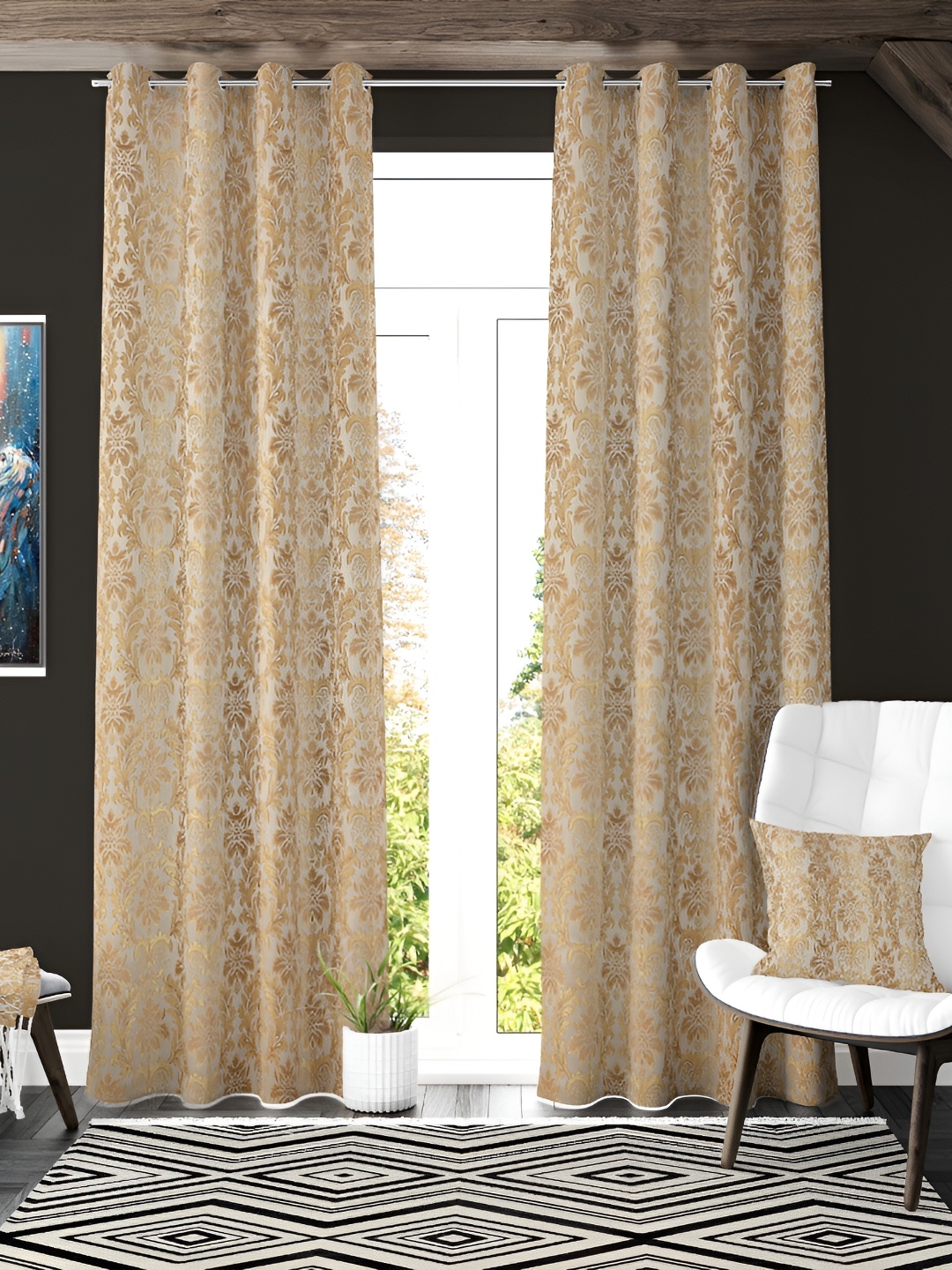 Galaxy Home Decor Beige 2 Pieces Self Design Room Darkening Jacquard Window Curtain