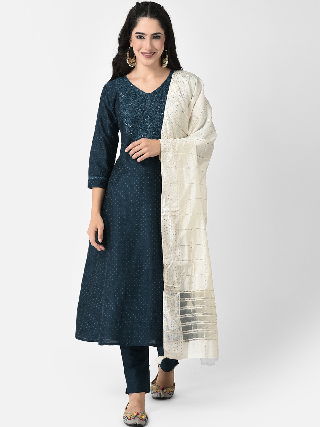 

Span Floral Embroidered V-Neck Sequinned Silk A-Line Kurta, Navy blue