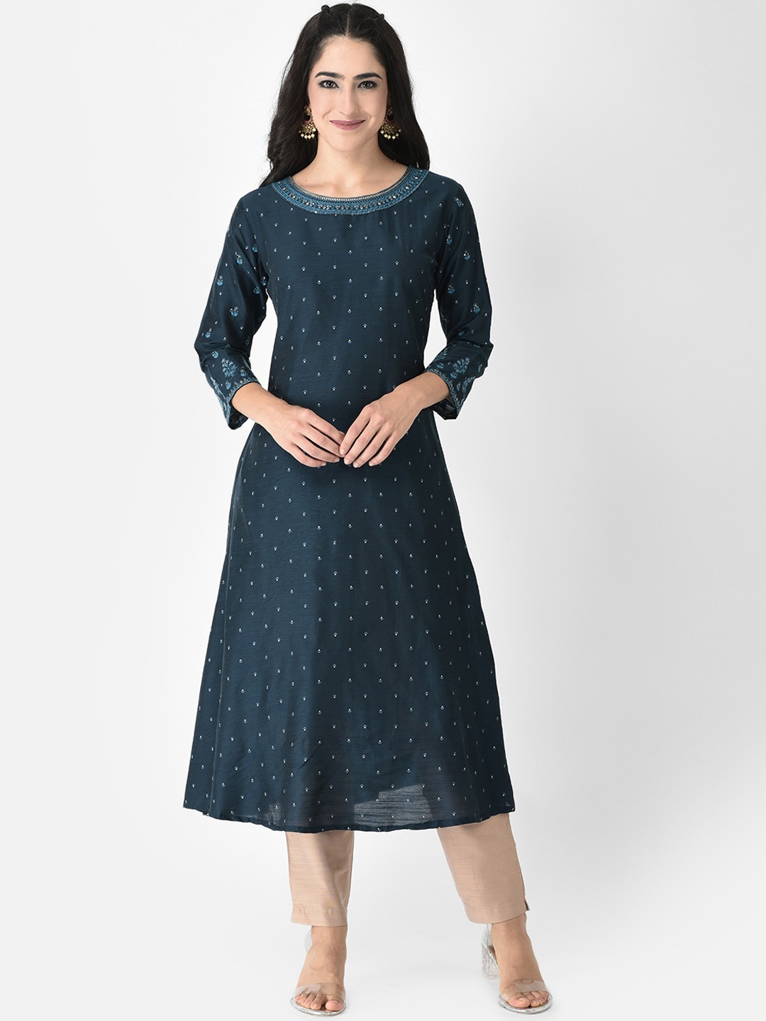 

Span Geometric Embroidered A-Line Silk Kurta, Blue