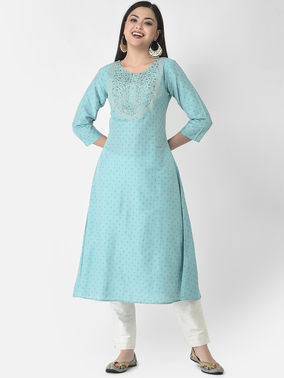 

Span Ethnic Motifs Printed Thread Work A-Line Silk Kurta, Blue