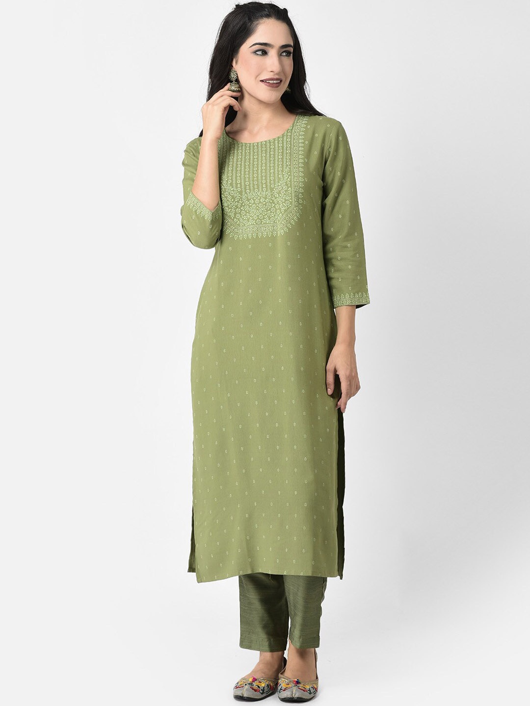 

Span Ethnic Motifs Printed Straight Kurta, Green