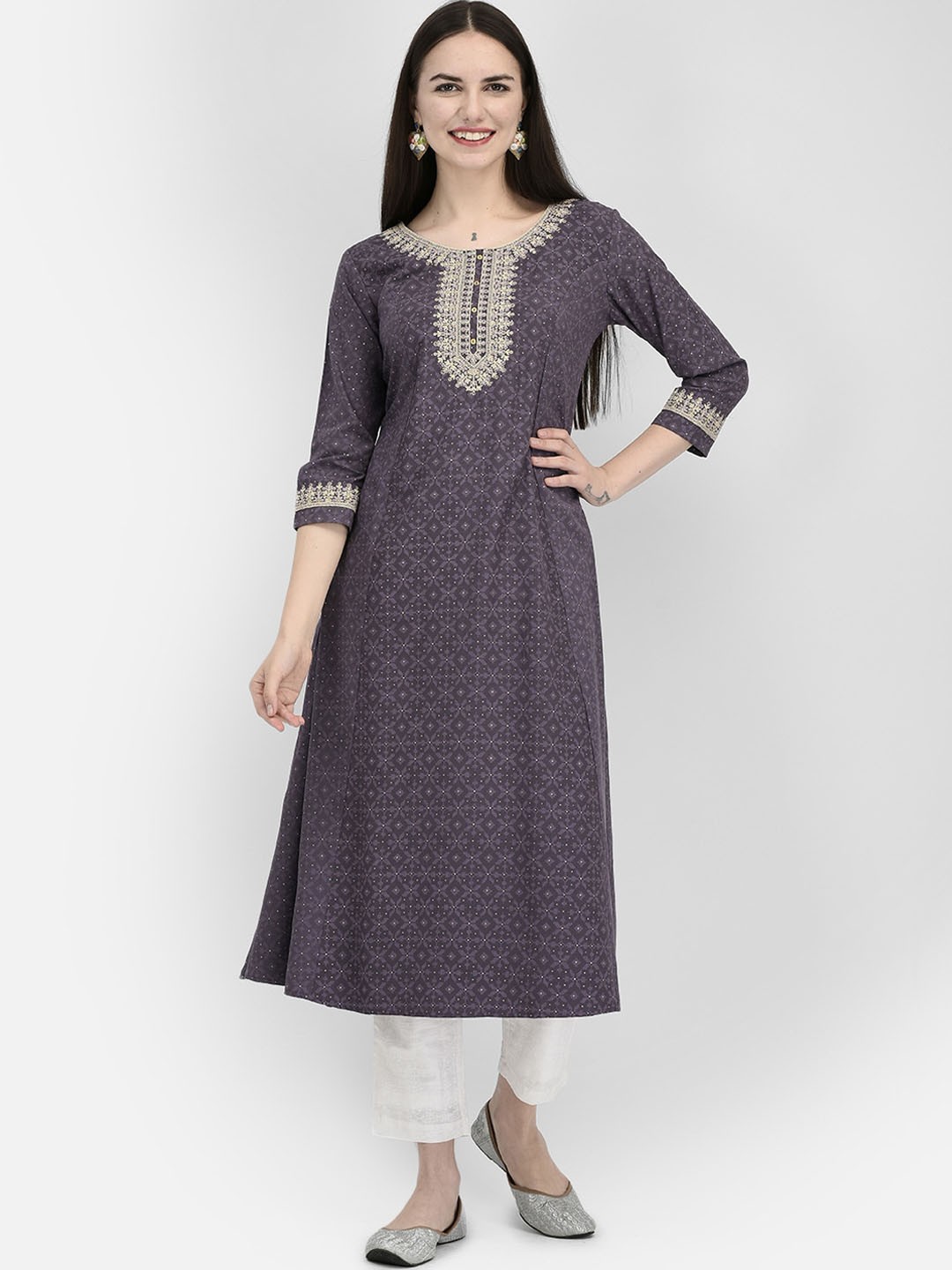 

Span Ethnic Motifs Printed Round Neck Thread Work A-Line Kurta, Purple